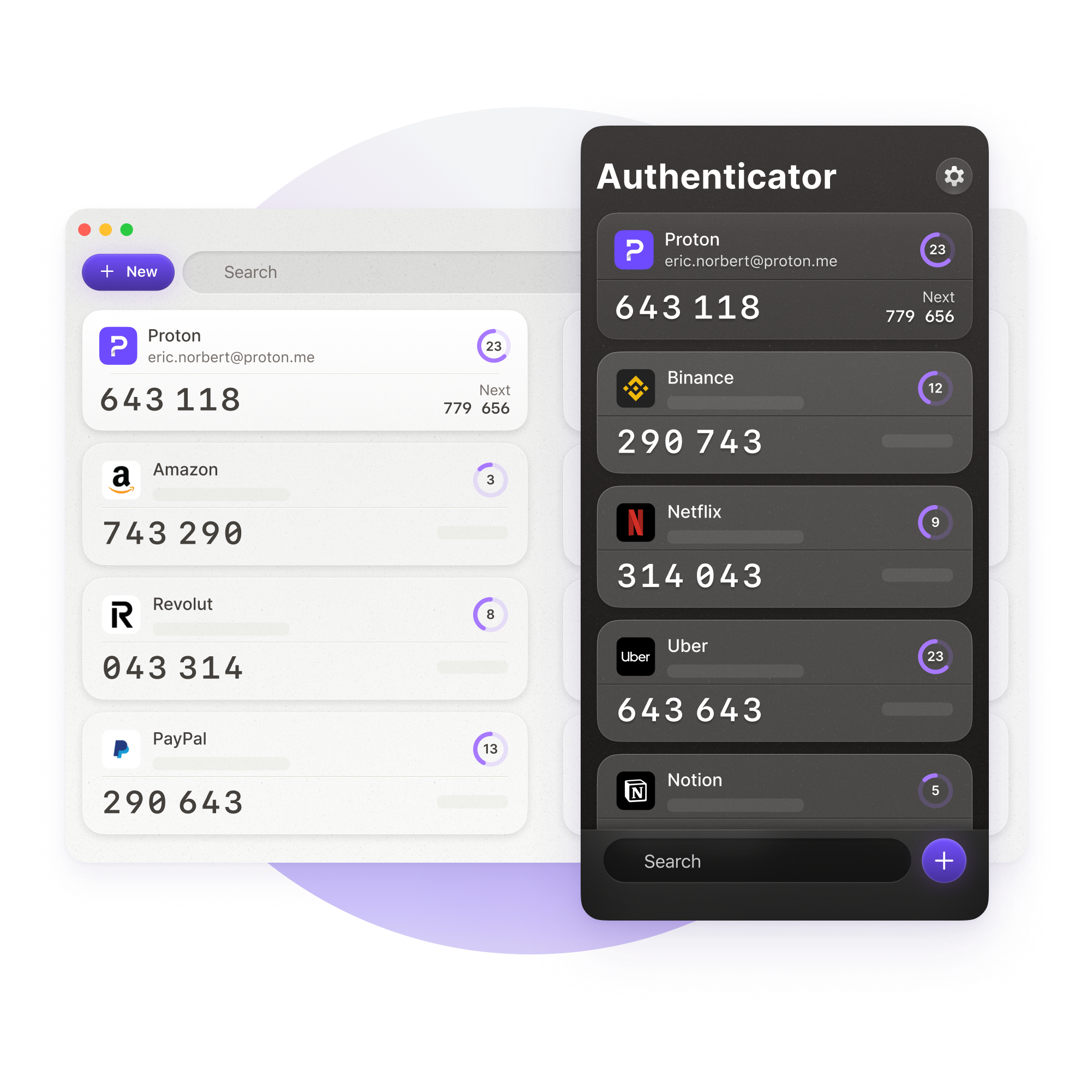 An interface displaying an authenticator application. It shows a list of services like Proton, Amazon, Revolut, PayPal, Binance, Netflix, Uber, and Notion, each with corresponding authentication codes and status indicators. An interface displaying an authenticator application. It shows a list of services like Proton, Amazon, Revolut, PayPal, Binance, Netflix, Uber, and Notion, each with corresponding authentication codes and status indicators.